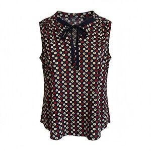 Tommy Hilfiger Floral Blouse XL Navy Preppy Summer Cottagecore Tie Neck Top